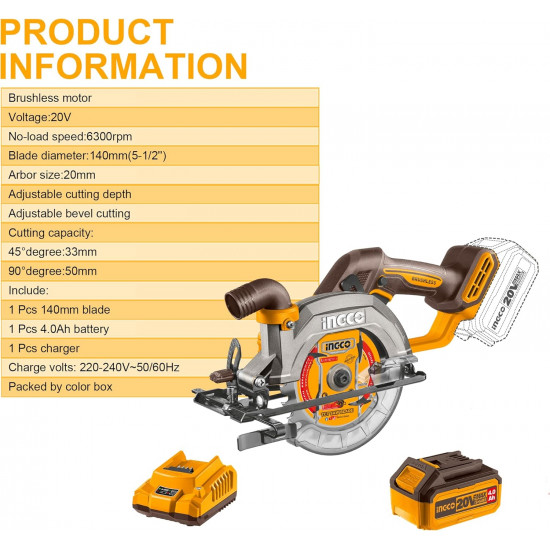 INGCO 20V 140mm Cordless Circular Saw Brushless