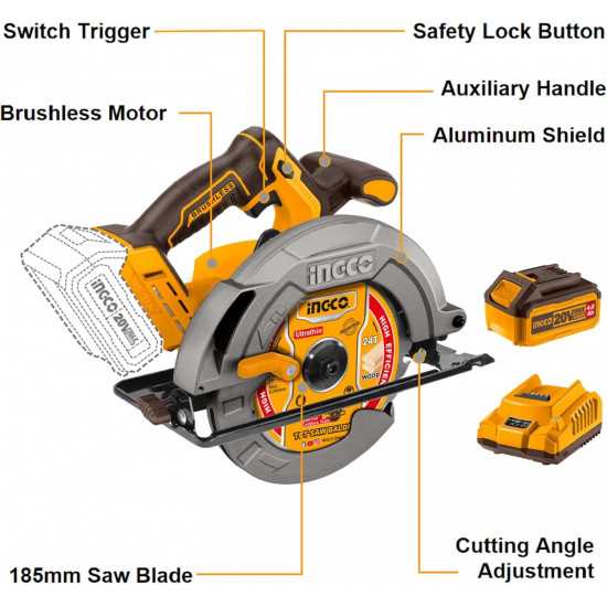 INGCO 20V Cordless Circular Saw 185mm Brushless Motor