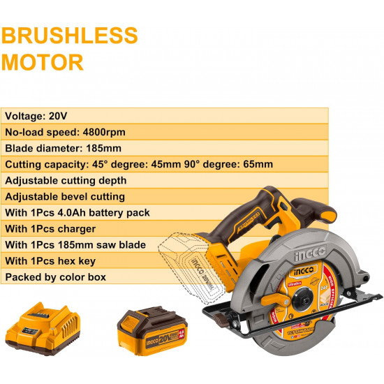 INGCO 20V Cordless Circular Saw 185mm Brushless Motor