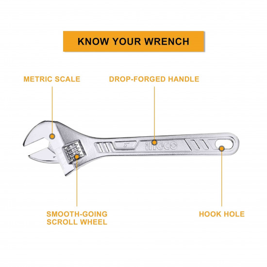 INGCO 12 Inch Carbon Steel Adjustable Wrench, Jaw Opening Capacity(35 mm)