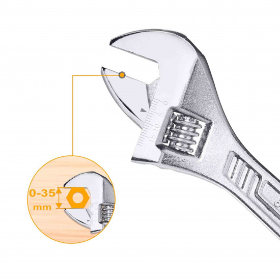 INGCO 12 Inch Carbon Steel Adjustable Wrench, Jaw Opening Capacity(35 mm)