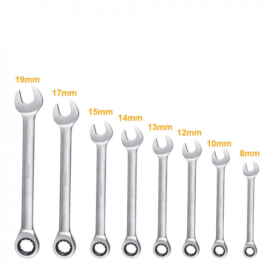 INGCO 8-Piece Ratchet Spanner Set 8–18mm Cr-V