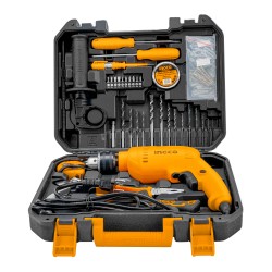 INGCO 115 Piece Home Tool Set With 680 Watt 13mm Impact Corded Electric Drill,Screwdrivers,Hammer,Wrench,and Plier,Yellow,HKTHP11151