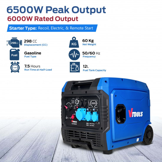 VTOOLS 6500 Watt 12L Petrol Powered Portable Generator