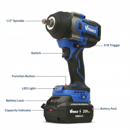 VTOOLS 20V Cordless Brushless Impact Wrench 850Nm 
