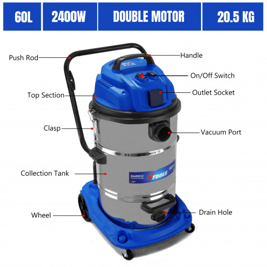 2400W 60L Vacuum Cleaner with Power Socket, Double Motor