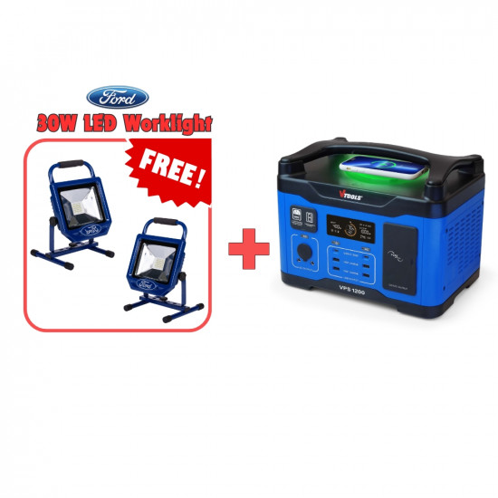 VTOOLS Portable Power Station 1200W, 400W Solar Generator + 2 Ford 30W LED Worklight