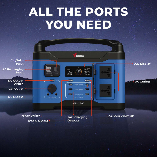 VTOOLS Portable Power Station 1200W, 400W Solar Generator