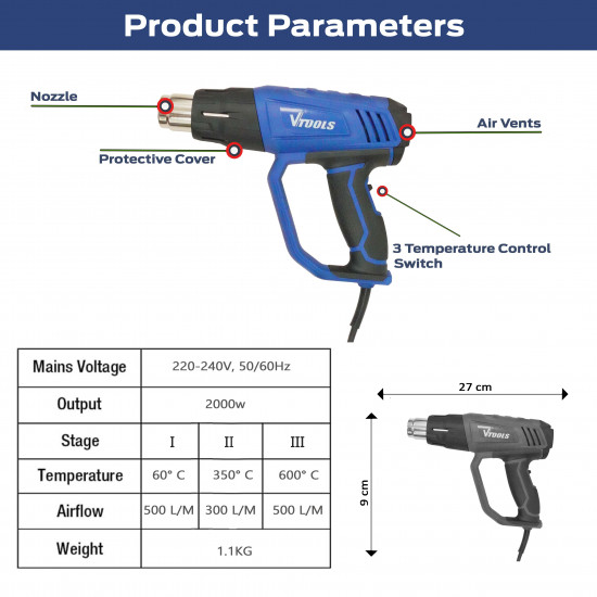 VTOOLS 2000W Hot Air Gun with 6 Pcs Accessories 
