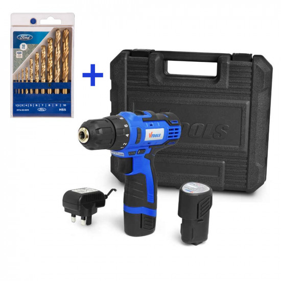 VTOOLS 12V Cordless Drill Driver with Battery + HSS TiN Metal Drill Bit Set 10pcs