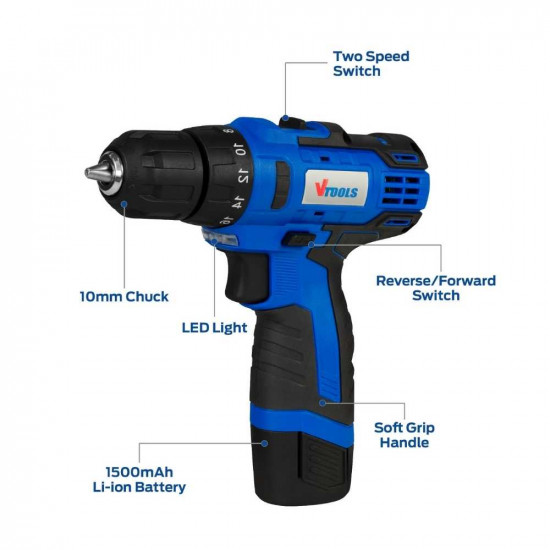 VTOOLS High Efficiency 12V Cordless Drill Driver With 5pcs Drill Bit & 8pcs Titanium Screw Driving Bits Set