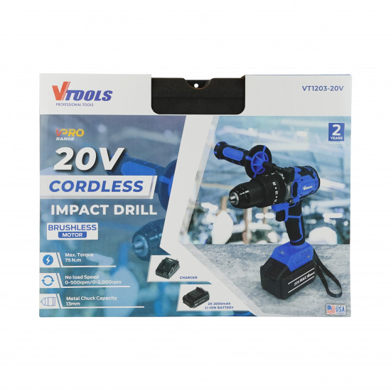 VTOOLS 20V Cordless Brushless Impact Drill With 2 Batteries and Charger