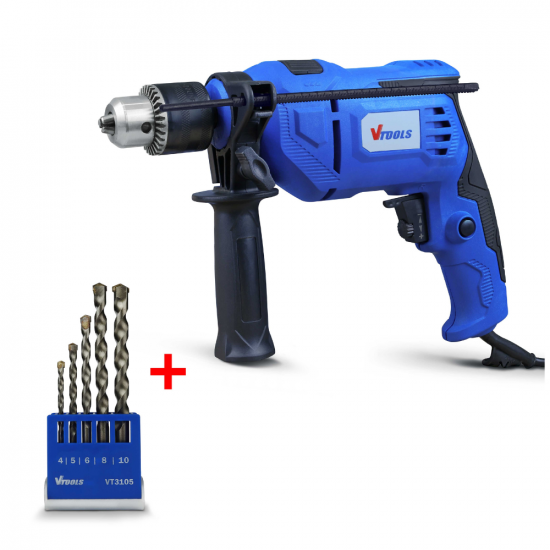 VTOOLS 650 Watt Corded Impact Drill + FREE 5 Piece Drill Bit Set