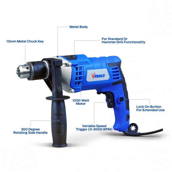 1050W Corded Electric Hammer Drill With Variable Speed