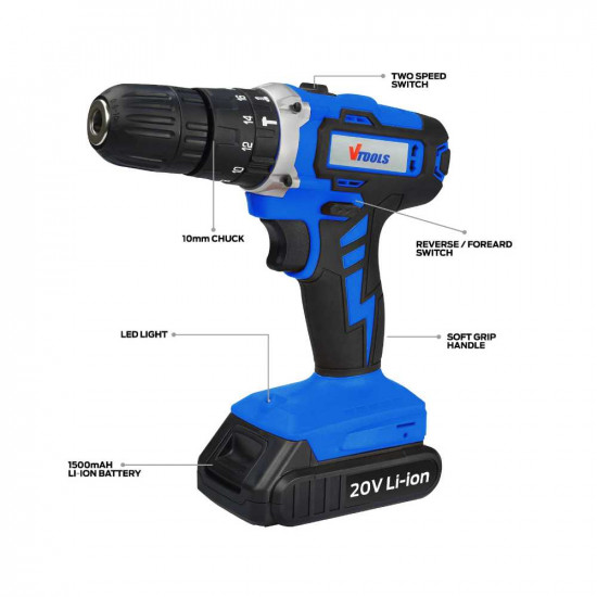 20V Cordless Impact Drill With 2 Batteries & 1 Charger + FREE 10 PC Drill Bit Set