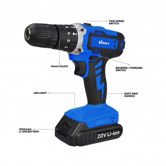 VTOOLS 20V Cordless Impact Drill With 2 Batteries and 1 Charger
