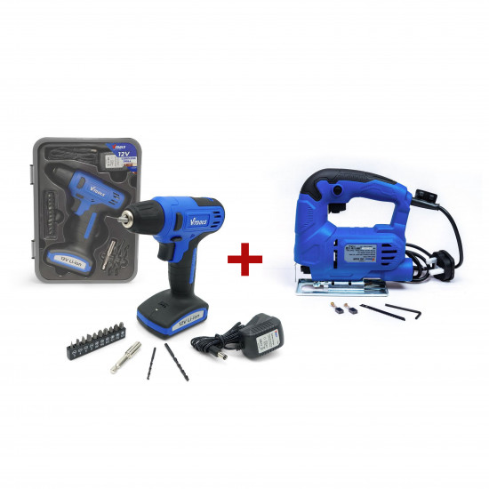 VTOOLS 12V Cordless Drill Driver with 13 Piece Bits Set + 400W Jig Saw