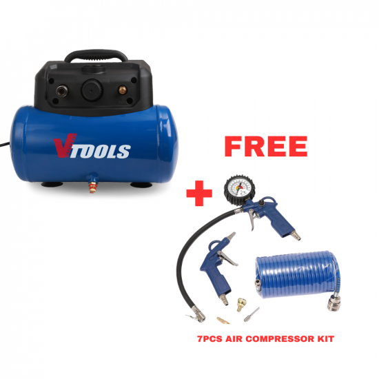 VTOOLS 6 Liter Portable Air Compressor with 1.5 HP Motor + FREE 7PC Air Accessories Kit