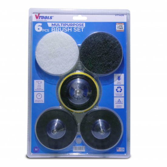  VTOOLS 6-Piece Drill Brush Set including Scouring Pads, Sponges and Bristle Brushes