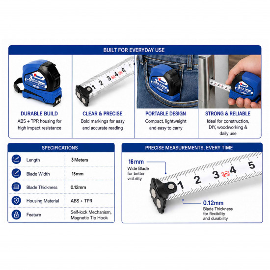 VTOOLS 3 Meter Measuring Tape with Magnetic Tip Hook