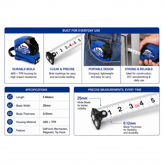 VTOOLS 5 Meter Measuring Tape with Magnetic Tip Hook