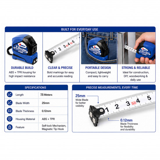 VTOOLS 7.5 Meter Measuring Tape with Magnetic Tip Hook