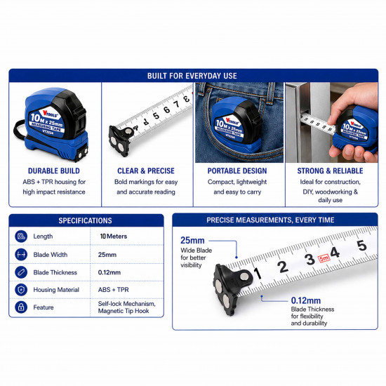 VTOOLS 10 Meter Measuring Tape with Magnetic Tip Hook