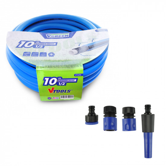 10m Garden Hose, 1/2 Inch PVC Layer With 5 PC Hose Connector Set