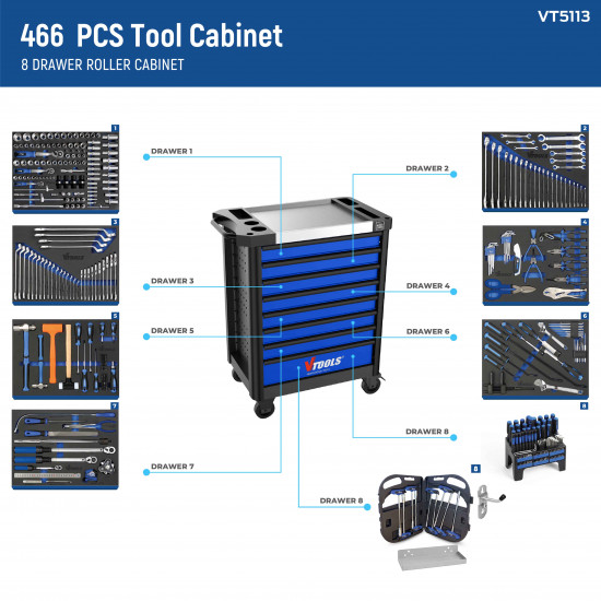 VTOOLS 466 Pcs Heavy-Duty Tool Cabinet with 8 Drawers	