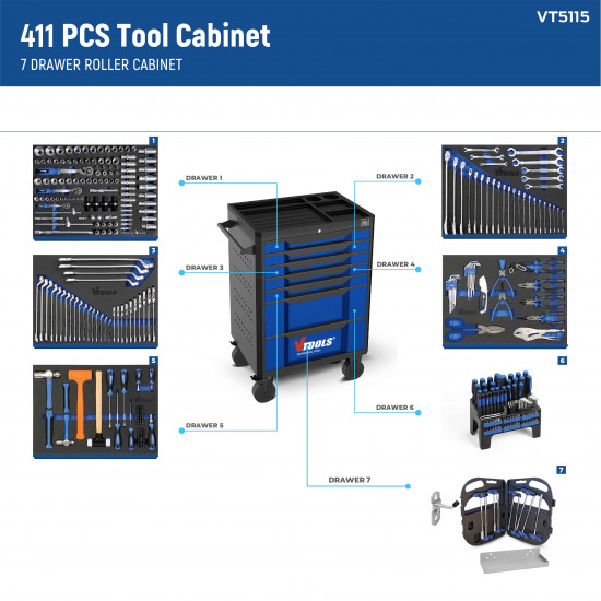 VTOOLS 411 Pcs Heavy-Duty Tool Cabinet with 7 Drawers