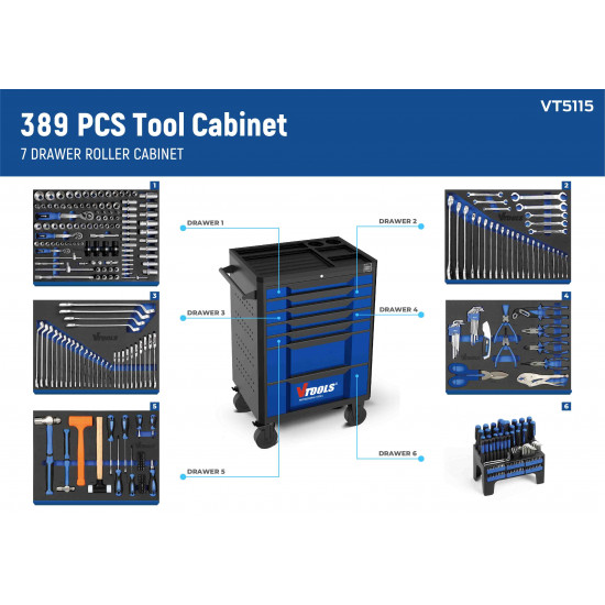 389Pcs Heavy-Duty Tool Cabinet with 7 Drawers + Back Rack + Aluminum Floor Jack