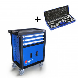 VTOOLS Roller Cabinet with 3-Drawer and ABS Plastic Top + 24 Pc 1/2 Inch Master Drive CRV Impact Socket Set