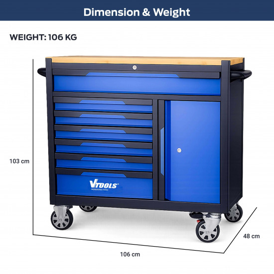 VTOOLS 42 Inch Rolling Tool Cabinet with Wood Worktop