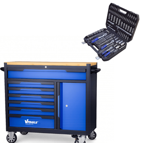 VTOOLS 42 Inch Rolling Tool Cabinet with Wood Worktop+171 Pcs 1/2, 1/4, and 3/8 Inch Impact Socket Tool Set