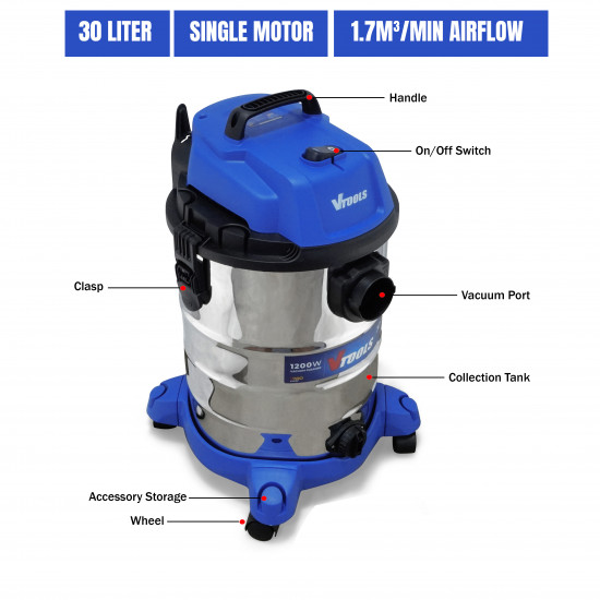 VTOOLS 1200W 30L Vacuum Cleaner with Blowing Function, Single Motor