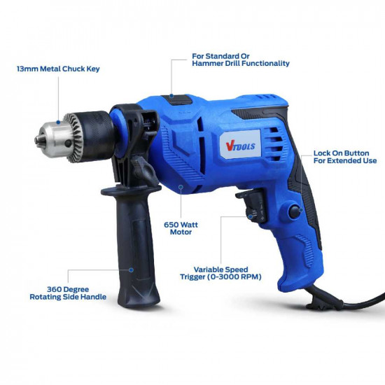 VTOOLS 650 Watt Impact Drill For Wood, Concrete, & Metal Drilling
